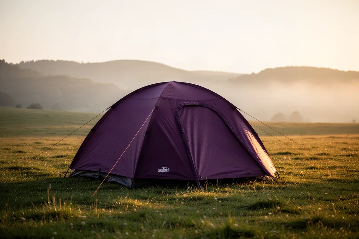 Purple camping tent pitched on a grassy meadow at golden hour
