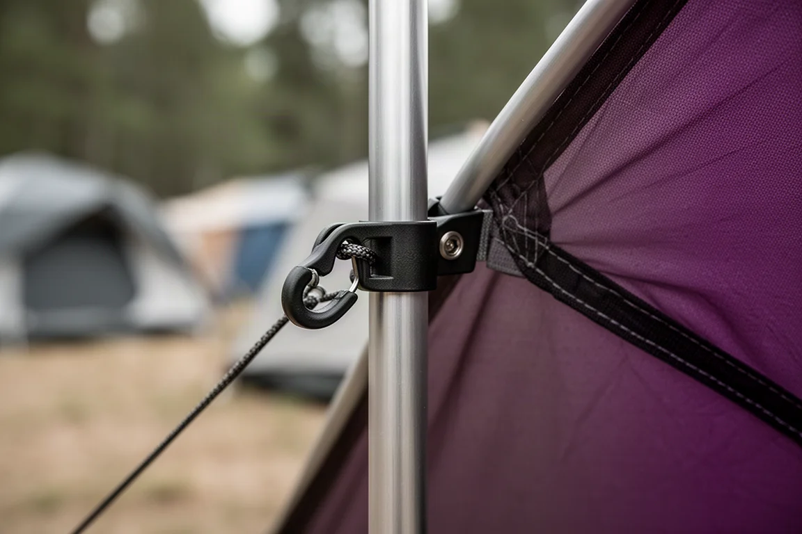 Close-up of a tent pole clip twisted into its locked position on an aluminium pole