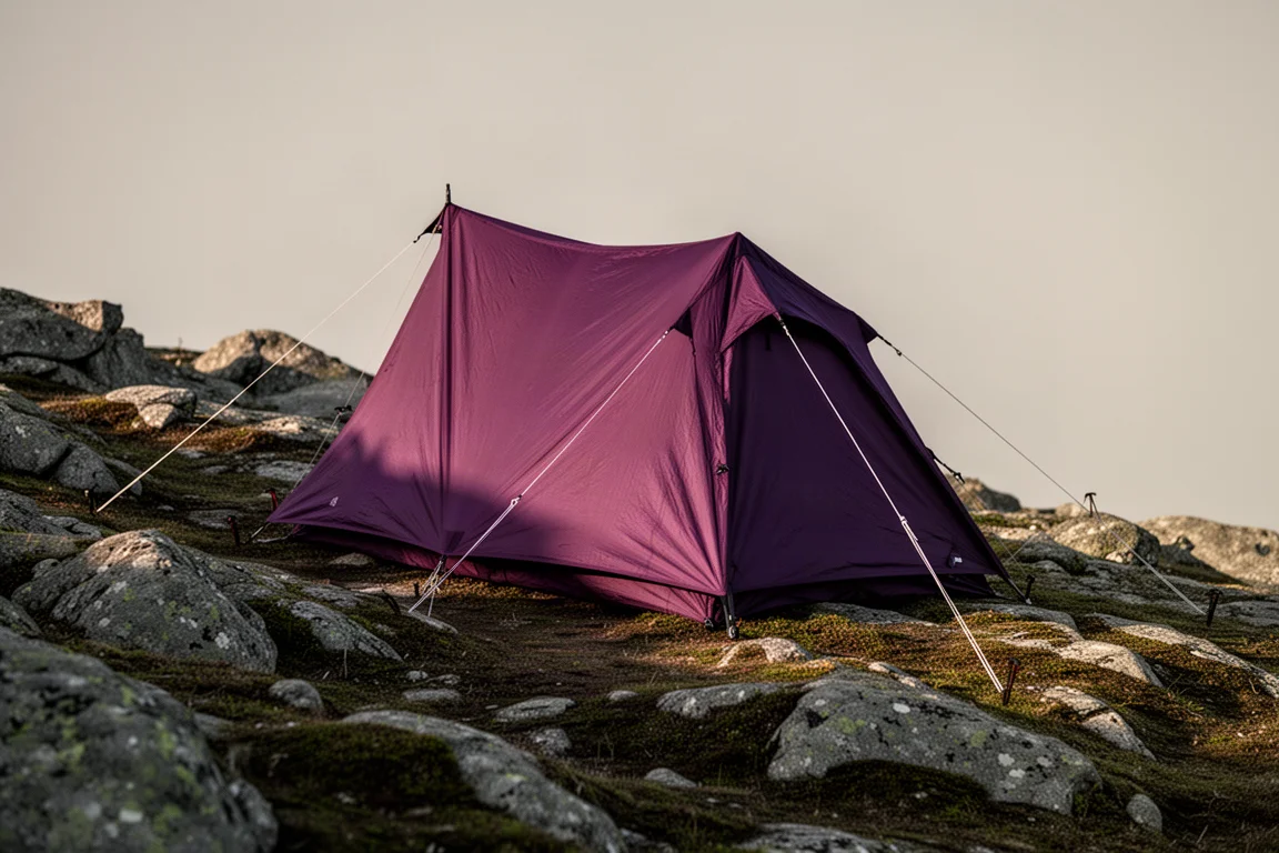 Tent pitched on uneven sloping rocky ground with taut guy lines