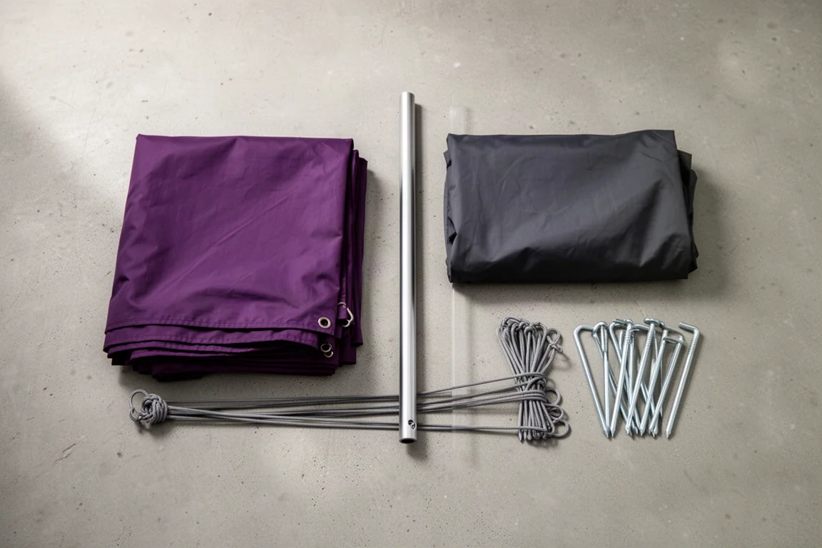 Flat-lay of tent components including fly sheet, pole, guy lines and stakes