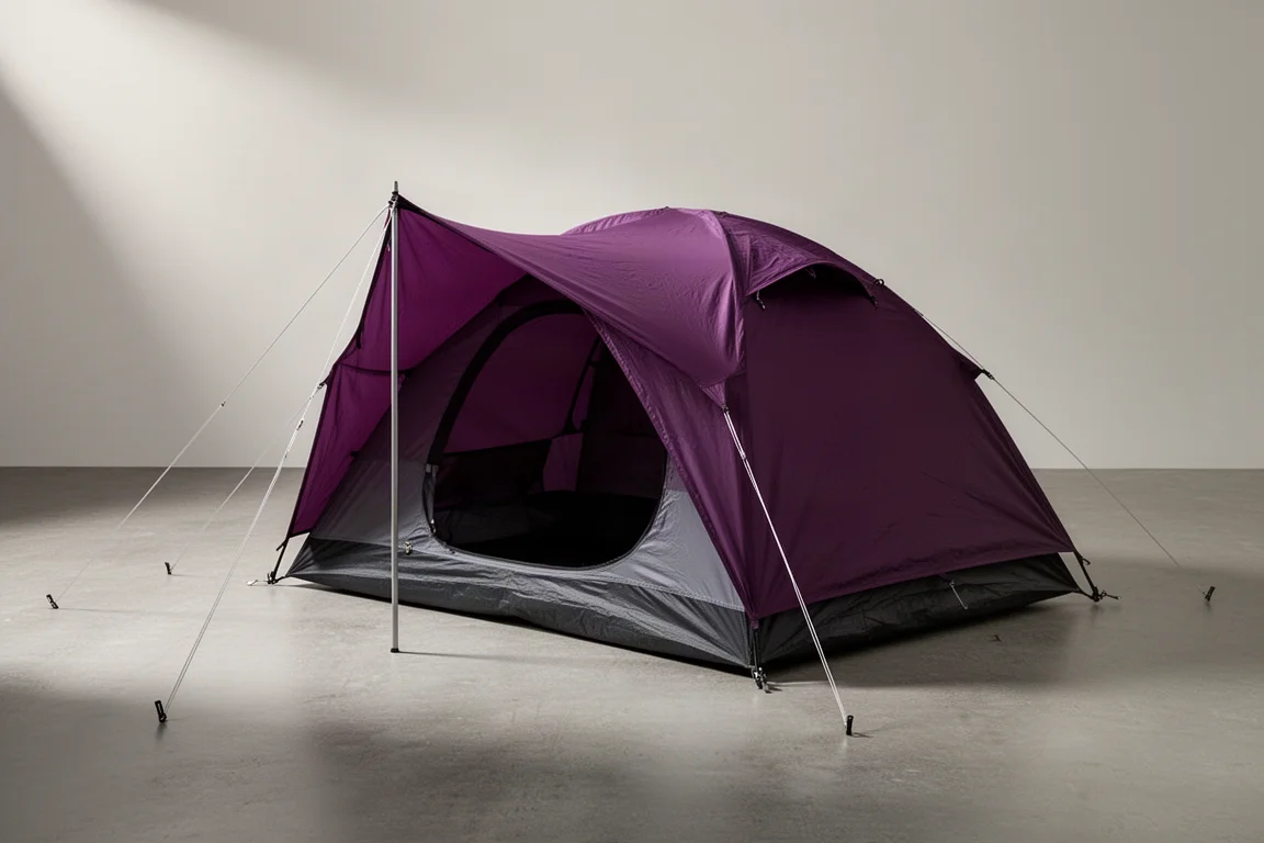 Purple two-person camping tent pitched on a matte concrete surface in soft studio light