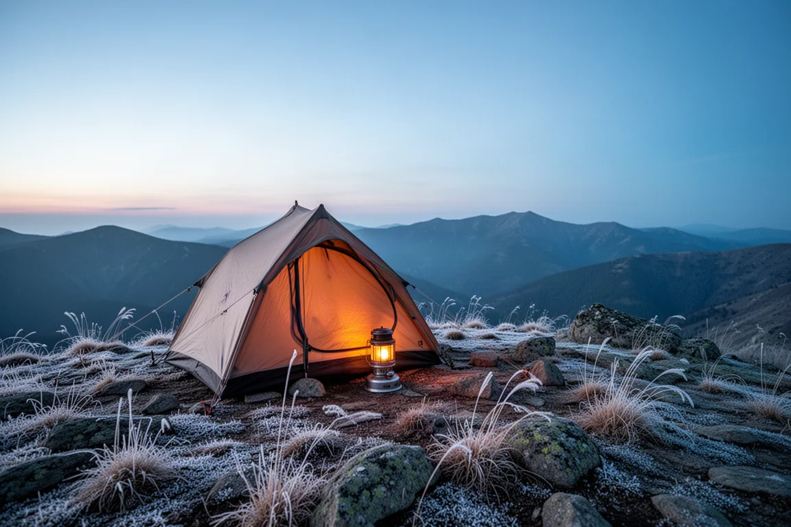 Piccola hot tent che brilla su una vetta rocciosa al crepuscolo con creste in lontananza sullo sfondo