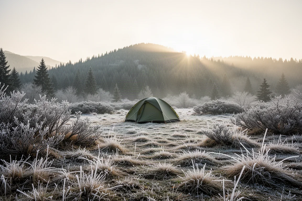 Radura di montagna coperta di brina all'alba con una tenda a media distanza