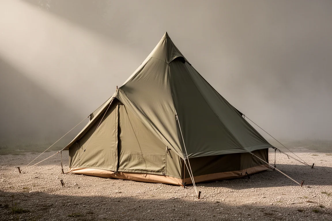 Four-season pyramid hot tent pitched on a neutral gravel clearing in soft light