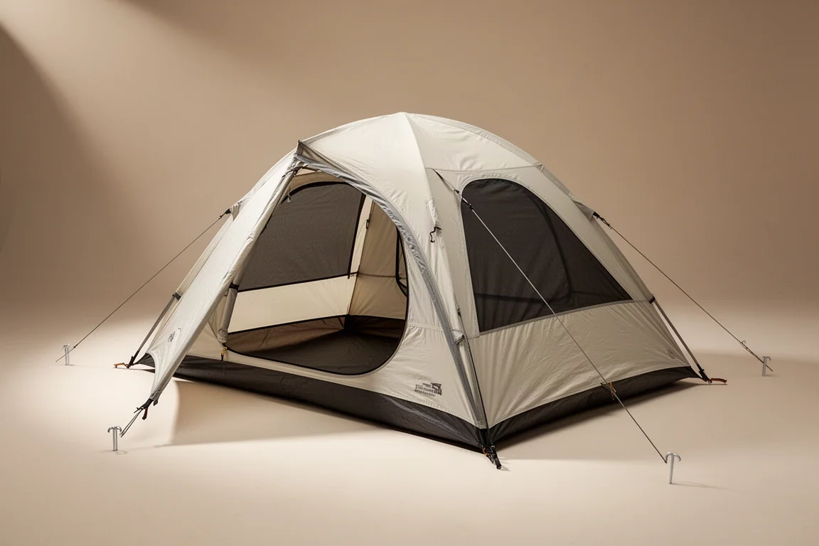 Tenda da backpacking leggera rastremata per due persone montata su uno sfondo neutro da studio