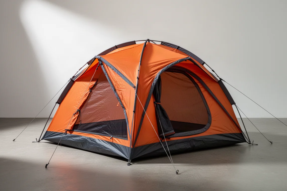 Orange-fly three-person camping tent pitched on a neutral surface in soft studio light