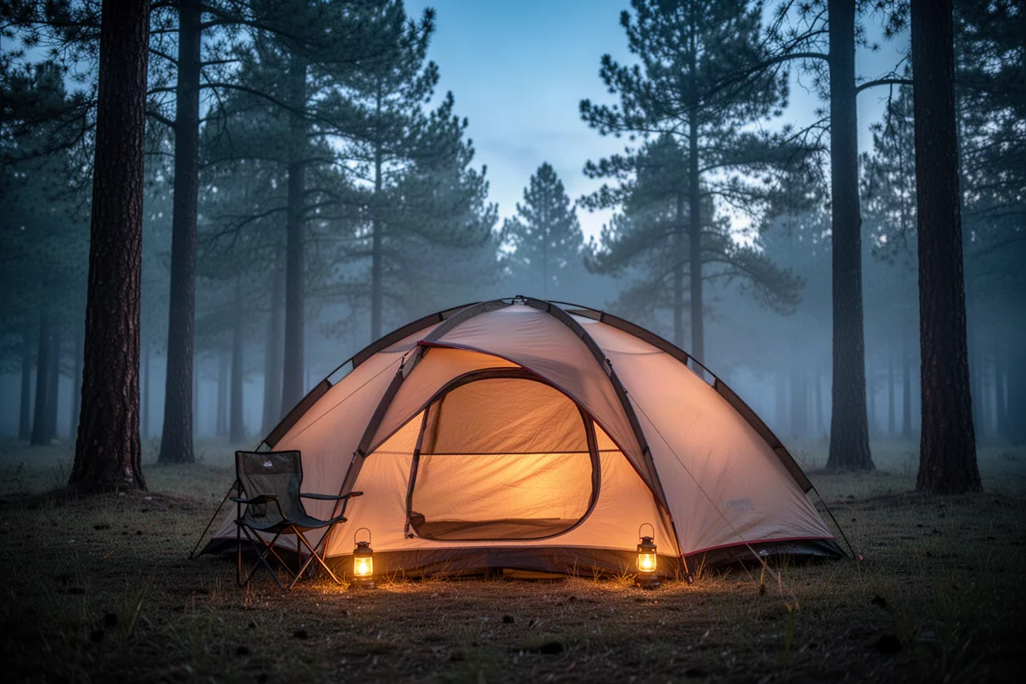Tenda da campeggio illuminata al crepuscolo tra i pini con una sedia da campeggio accanto
