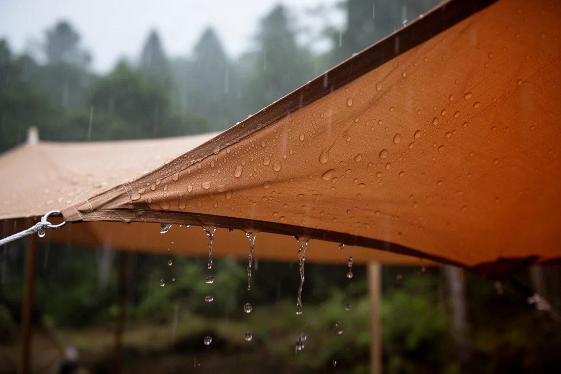 Pioggia che forma gocce sul telo esterno arancione di una tenda da campeggio in una foresta