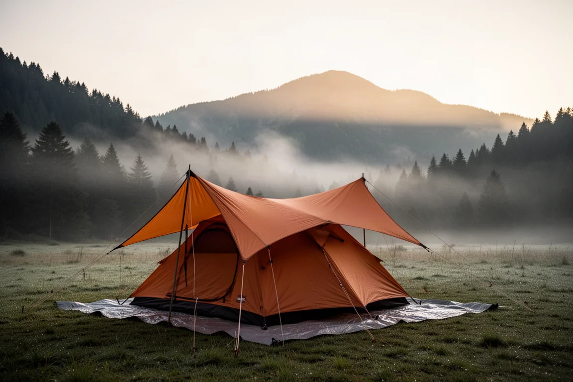 Tenda da campeggio all'alba in una valle nebbiosa con un telo sottotenda sotto