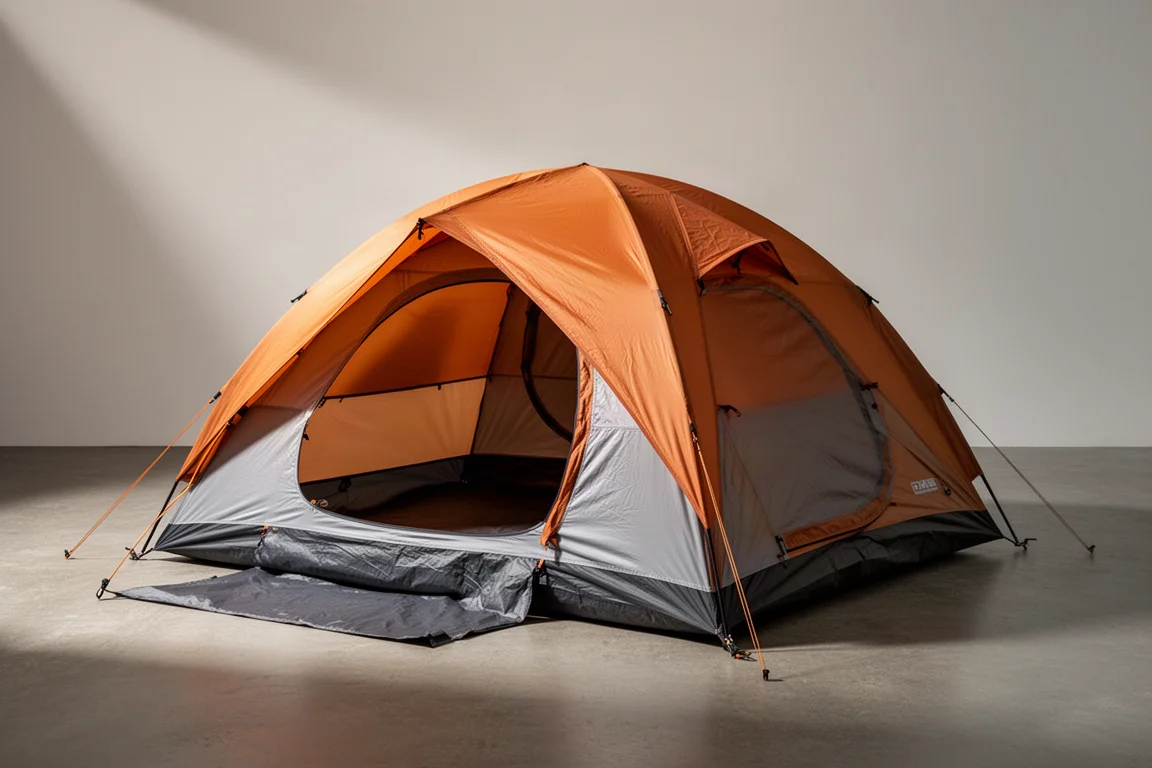 Large orange three-person camping tent pitched on a matte concrete surface