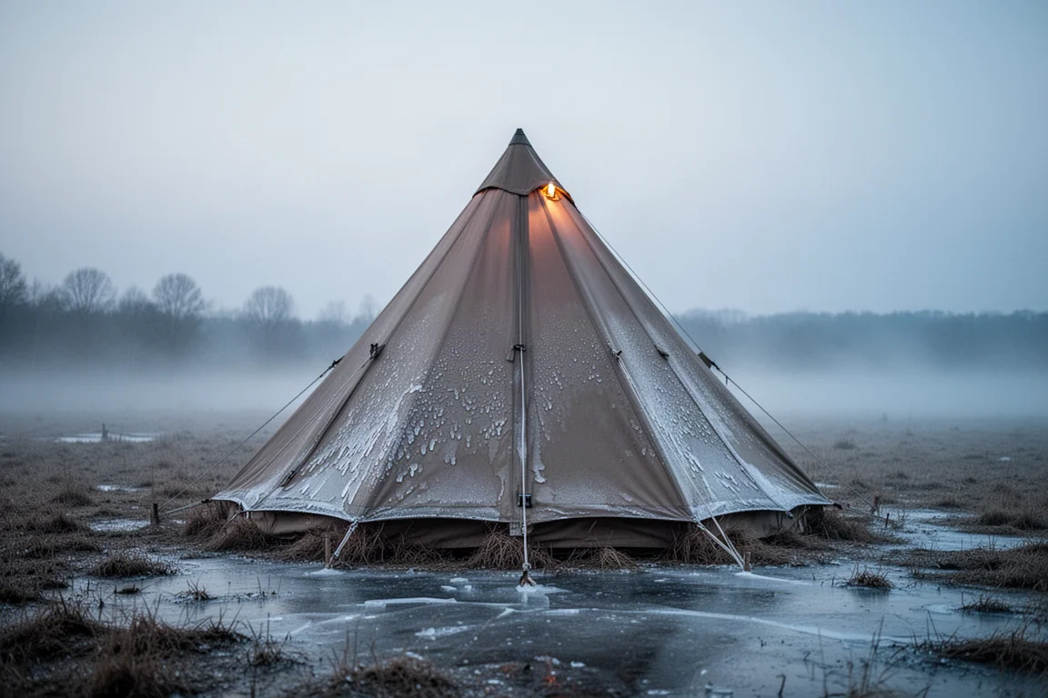 Radura del campeggio coperta di brina all'alba con nebbia tra le conifere scure