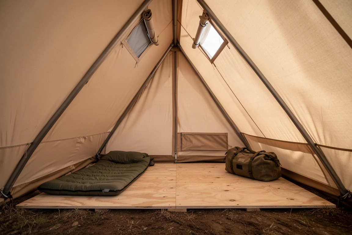 Vista interna dell'apice di una tenda piramidale con passaggio per la stufa e due prese d'aria