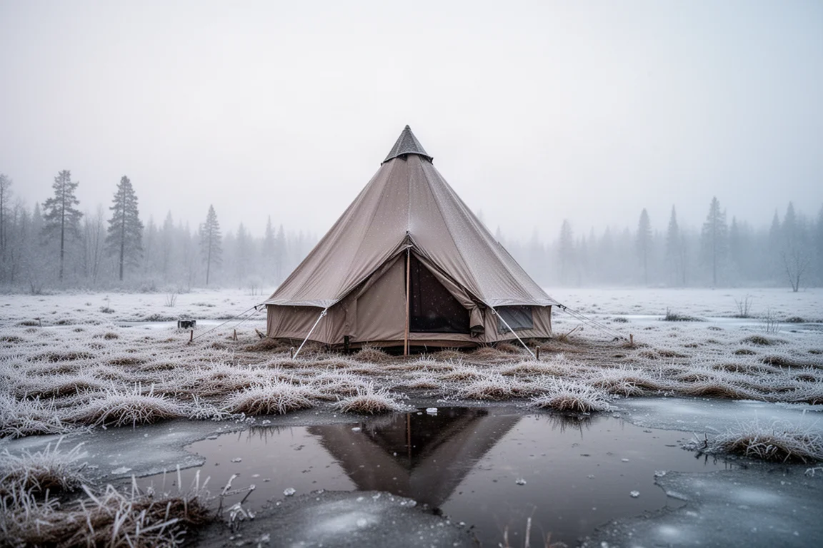 Campeggio invernale al crepuscolo con una hot tent piramidale che brilla calda dall'interno