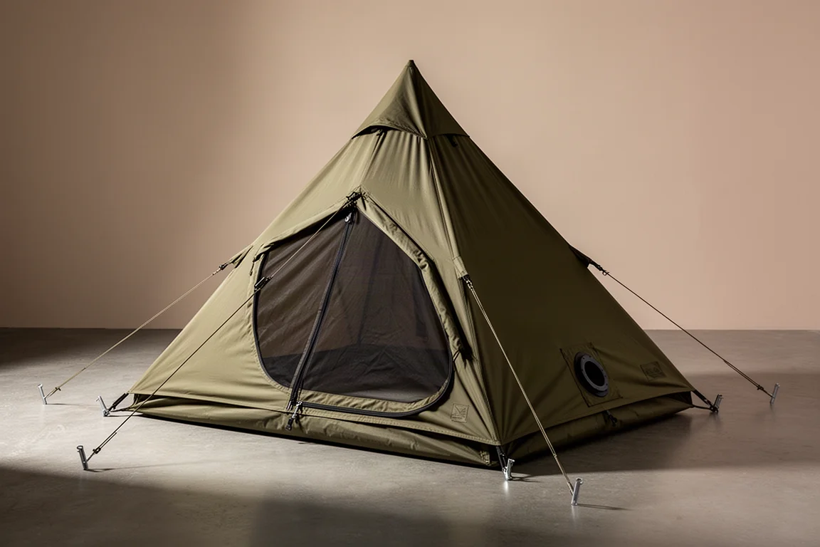 Barraca quente Naturehike Ranch Fire estilo pirâmide com saída para fogareiro sobre superfície de concreto