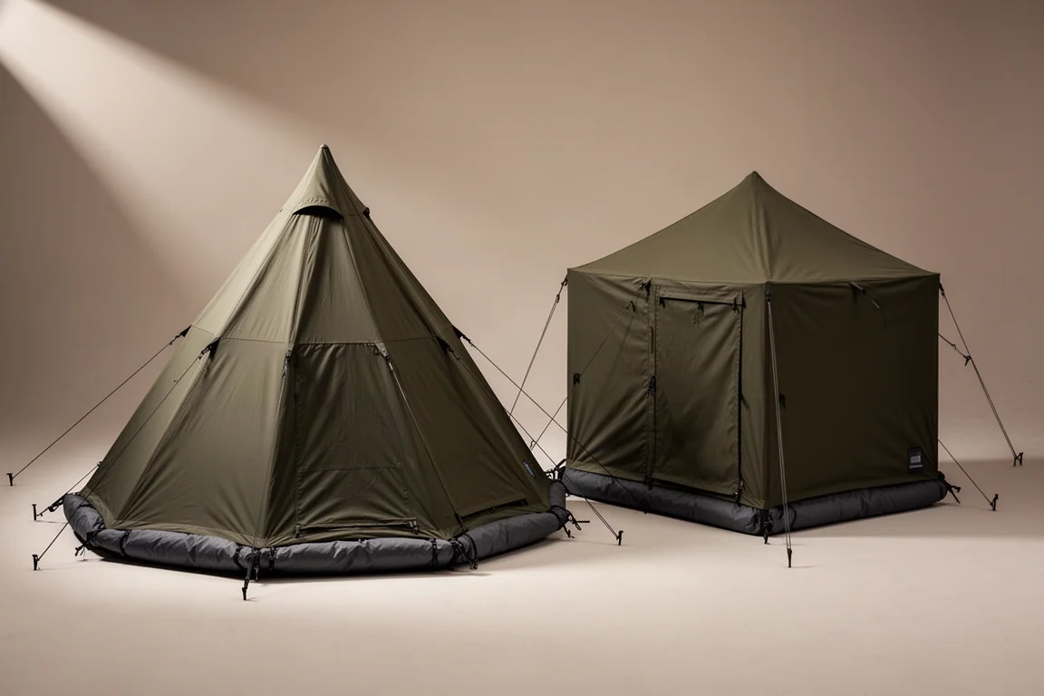 Octagonal and square teepee-style hot tents pitched side by side on a neutral backdrop