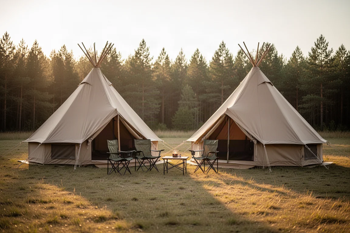 Due hot tent a forma di teepee, una ottagonale e una quadrata, montate una accanto all'altra in una radura erbosa durante l'ora d'oro