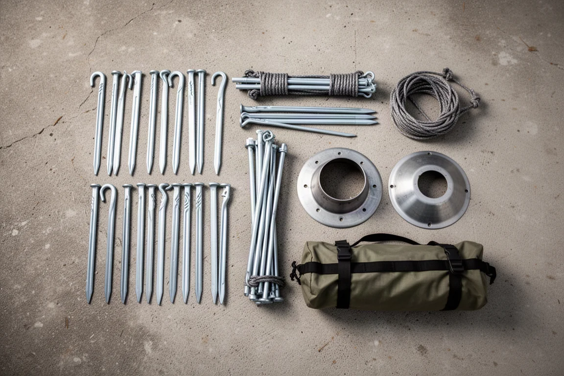 Disposizione piatta dell'hardware della hot tent, tra cui lunghi picchetti in acciaio, un palo con cordino elastico, tiranti e un passaggio per la stufa