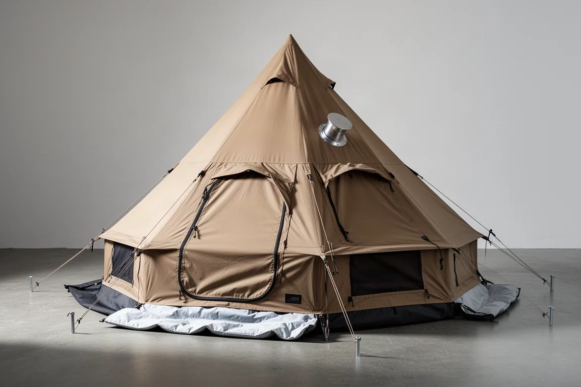 Octagon teepee hot tent with stove jack and snow skirt pitched on a concrete floor