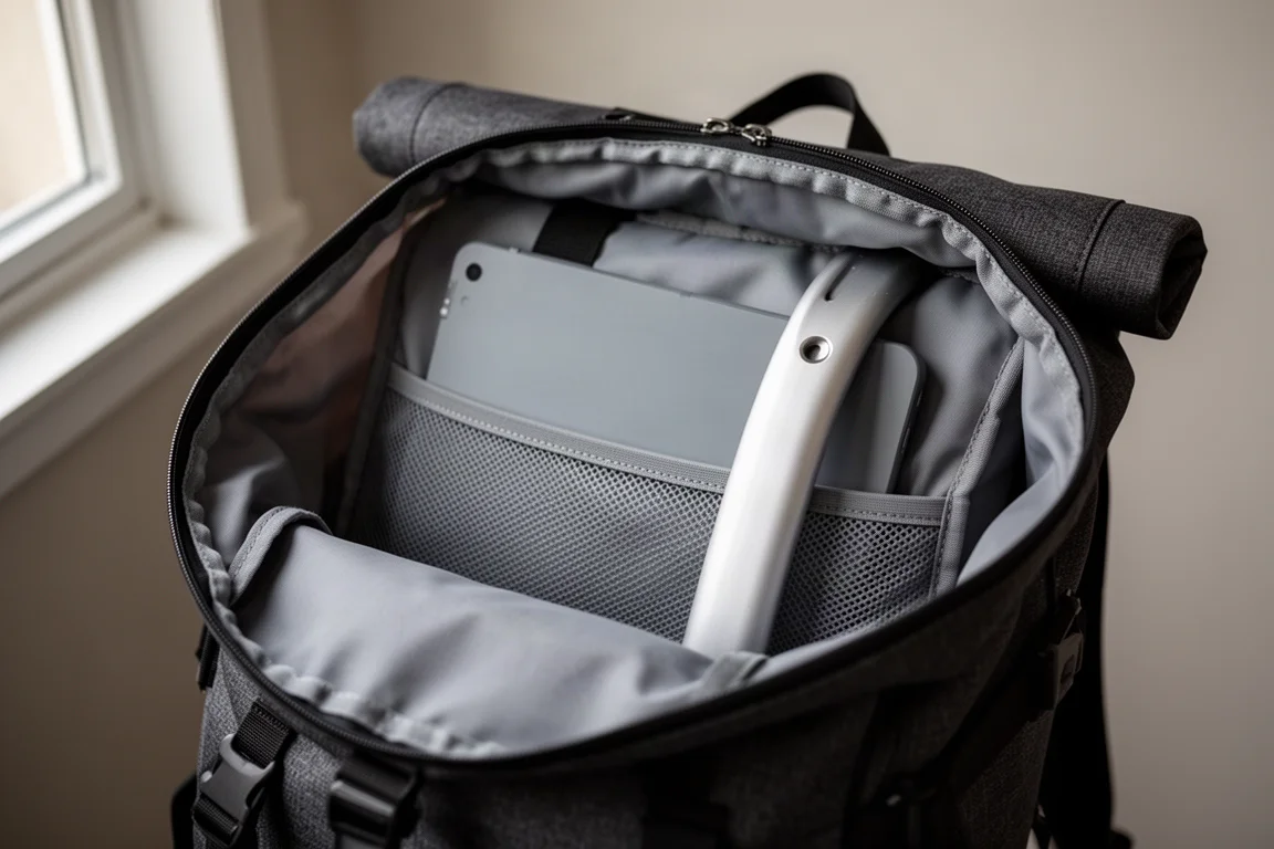 Nahaufnahme eines belüfteten Mesh-Rückenpanels an einem beladenen Wanderrucksack