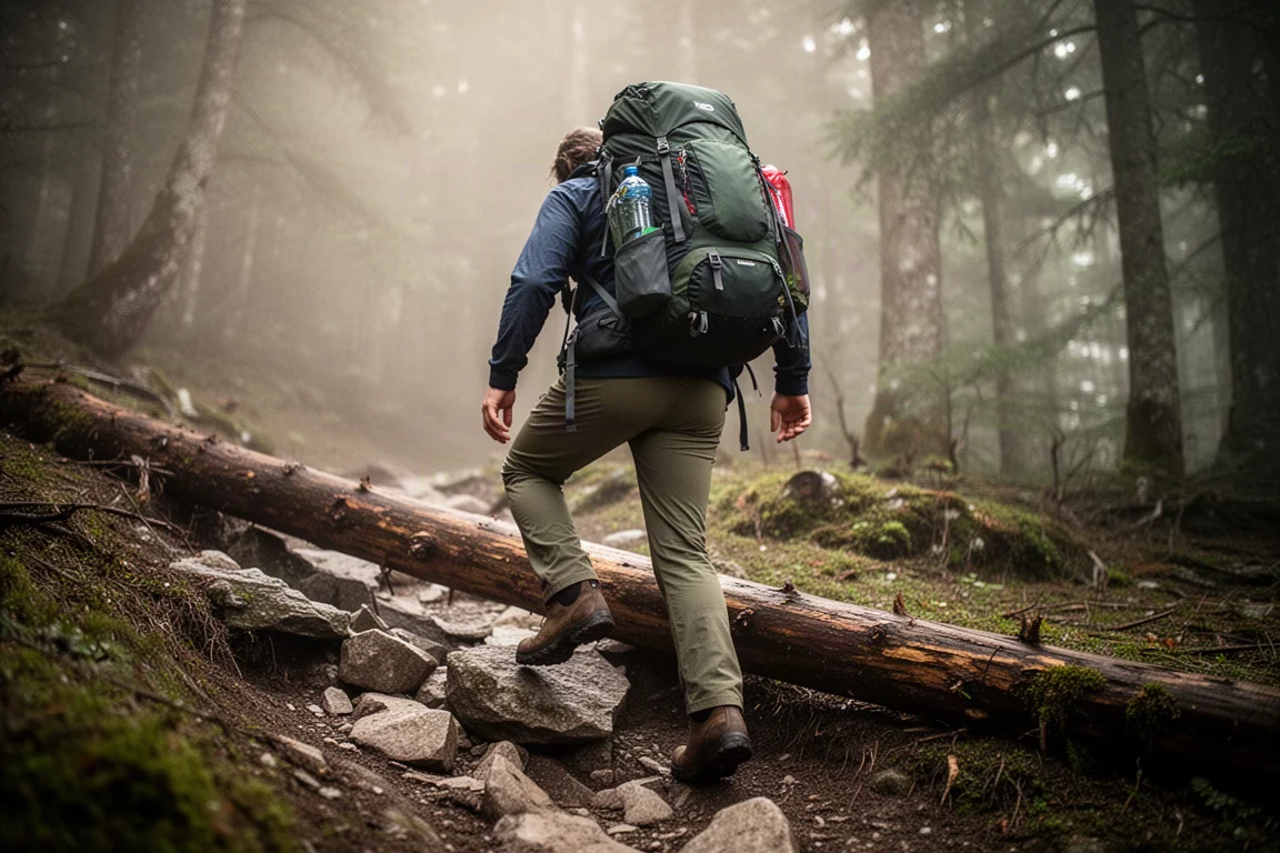 Draufsicht auf flach ausgelegte Trekkingausrüstung auf einer Betonfläche
