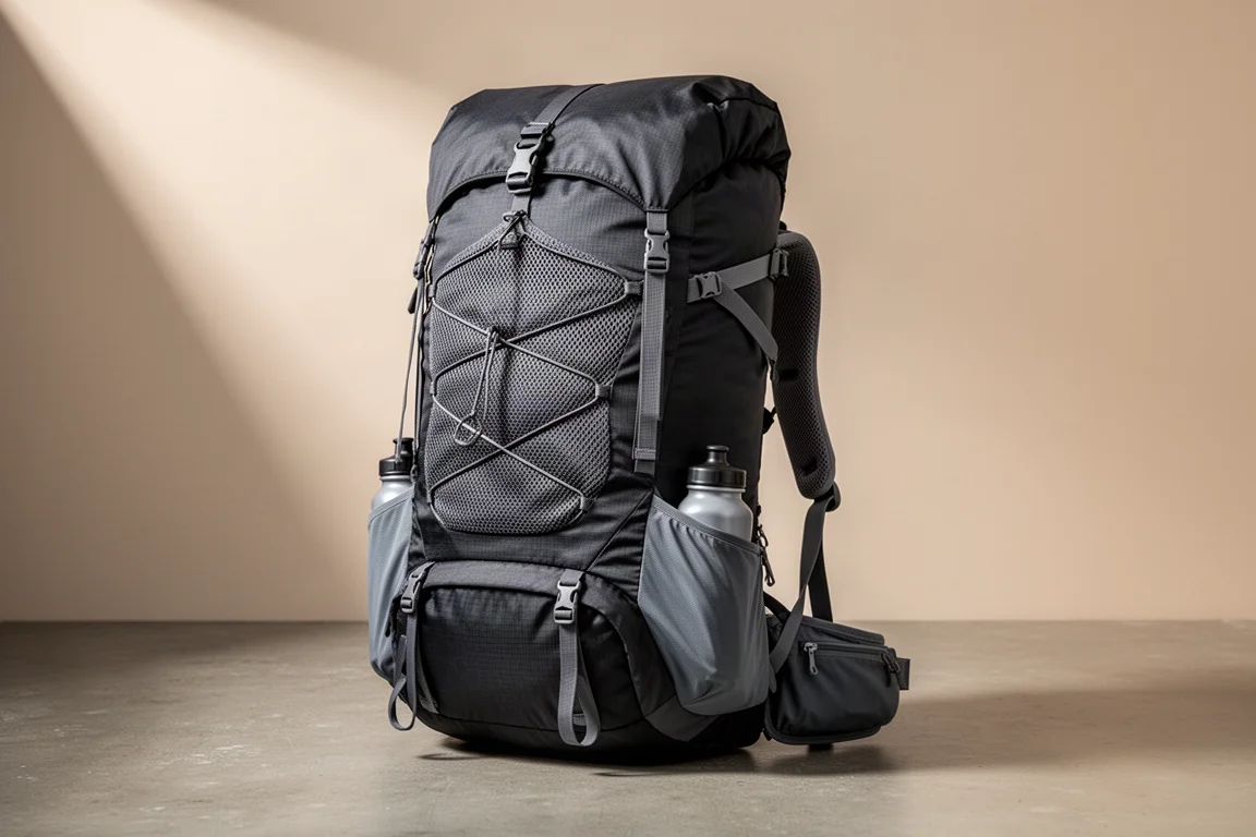 Black and grey 60 litre ultralight hiking backpack standing upright on a concrete surface