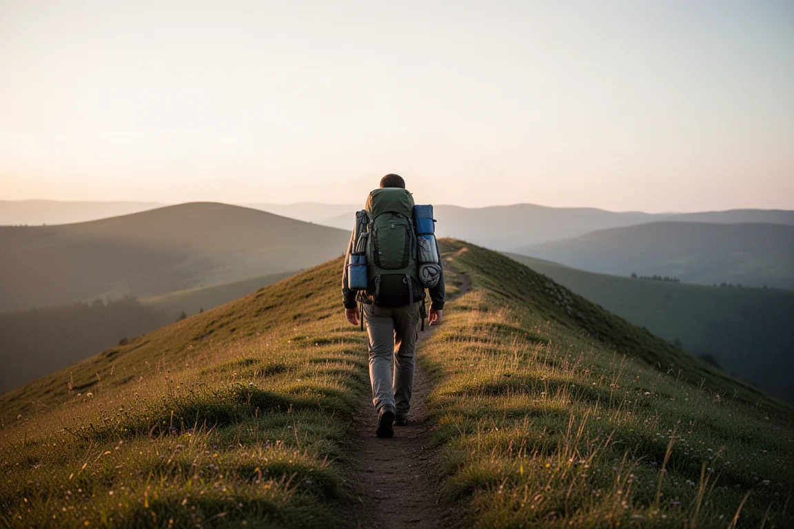 Distant hiker with loaded backpack walking a grassy ridge trail at sunrise