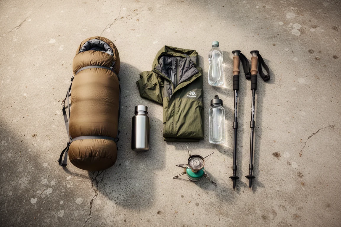 Overhead flat-lay of backpacking gear on a weathered concrete surface