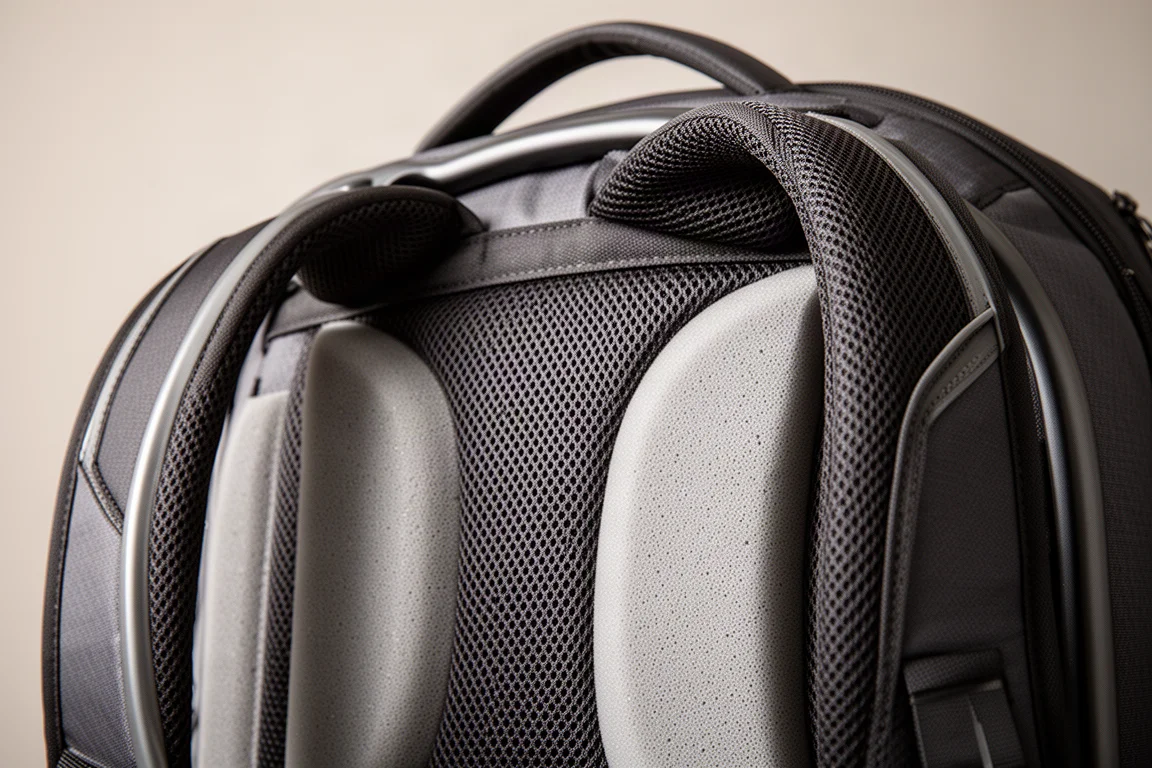 Close-up of a ventilated backpack back panel with mesh and foam padding