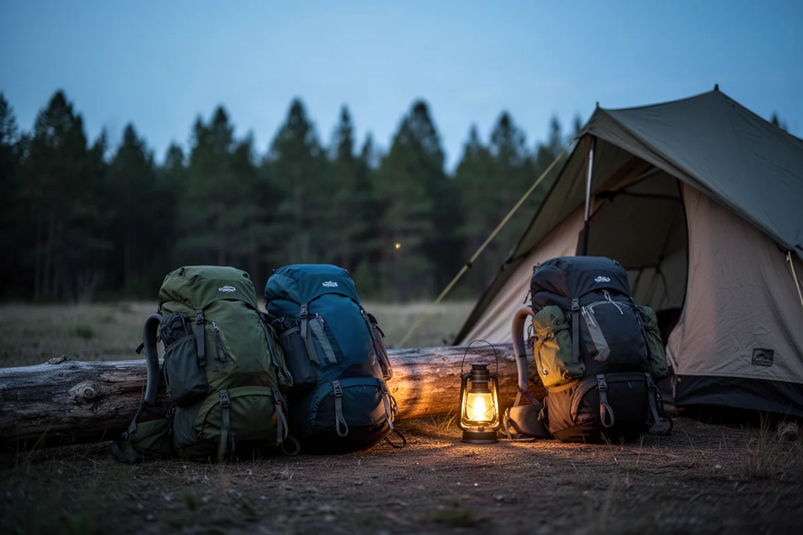 Two loaded backpacks leaning against a log at a campsite at dusk