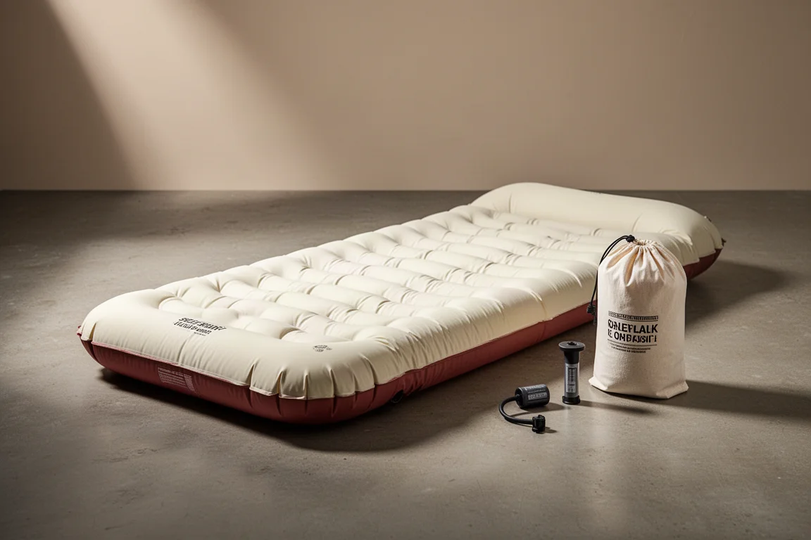Self-inflating camping mattress on concrete with storage bag and air pump beside it