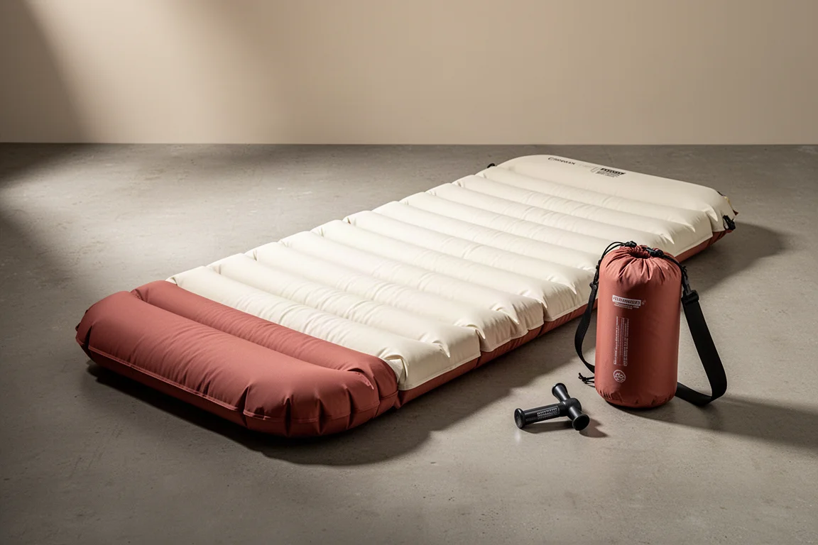 Self-inflating camping sleeping pad with cream top and red underside beside a carry bag and air pump