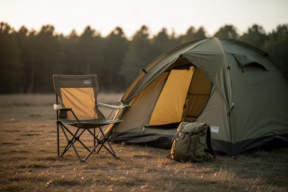 Kleiner Falt-Campingstuhl neben einem Zelt auf einer grasbewachsenen Lichtung zur goldenen Stunde aufgebaut