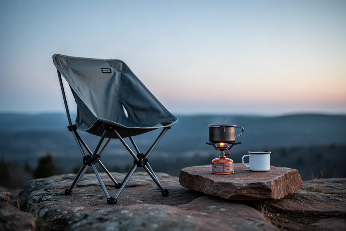 Falt-Campingstuhl und Wanderrucksack neben einem kleinen Zelt auf einem Bergplateau in der Dämmerung