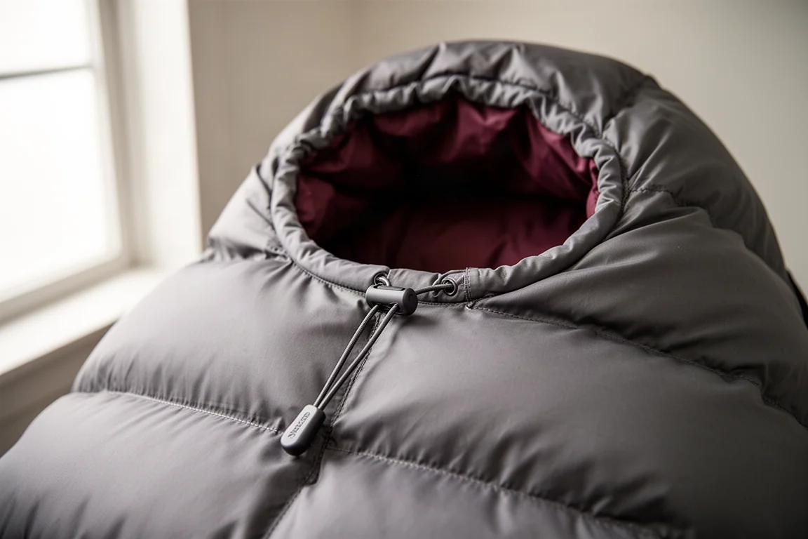 Nahaufnahme einer Kapuzenkammer am Schlafsack mit Kordelzug und Stopper