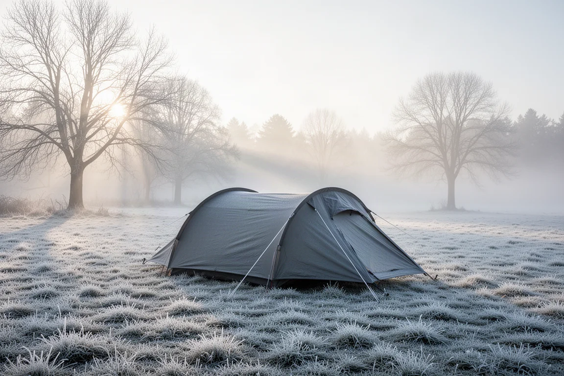 Raureifbedeckter Campingplatz bei Tagesanbruch mit niedrigem Zelt und Nebel