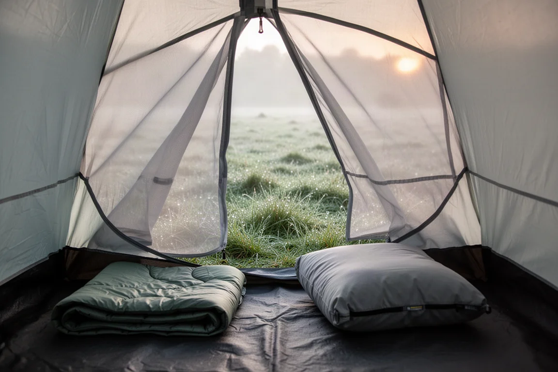 Vista desde el interior de una pequeña tienda de malla hacia una pradera cubierta de rocío al amanecer
