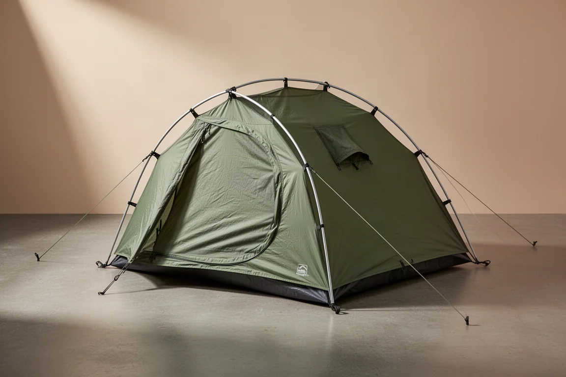 Compact one-person camping tent with green flysheet pitched on a concrete surface