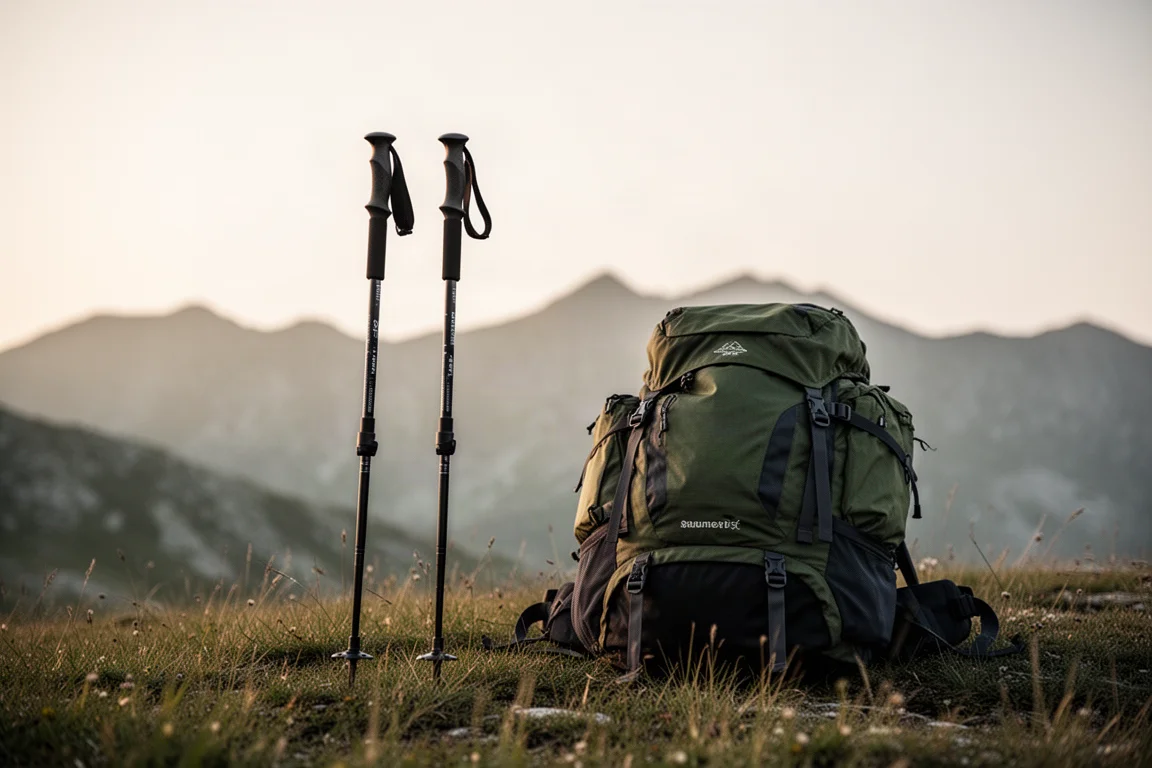 Para kijków trekkingowych wbitych w alpejską trawę obok załadowanego plecaka turystycznego