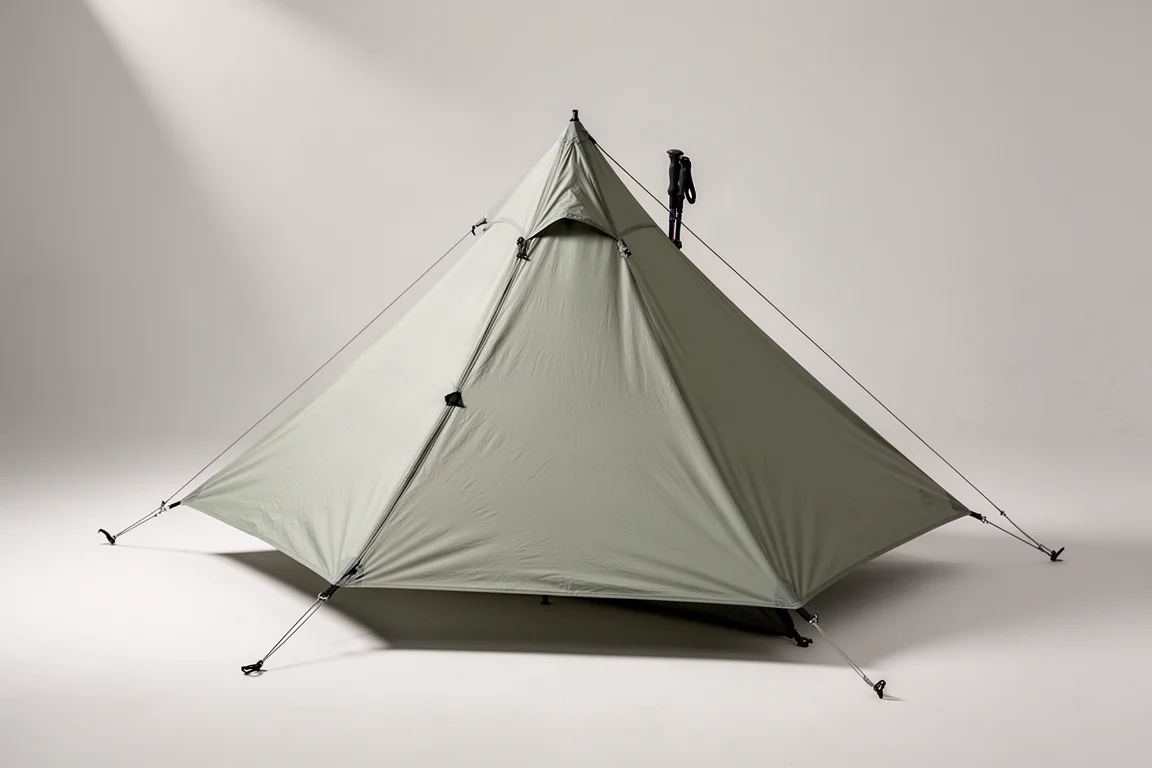 Light grey pyramid trekking pole tent pitched on a neutral studio backdrop