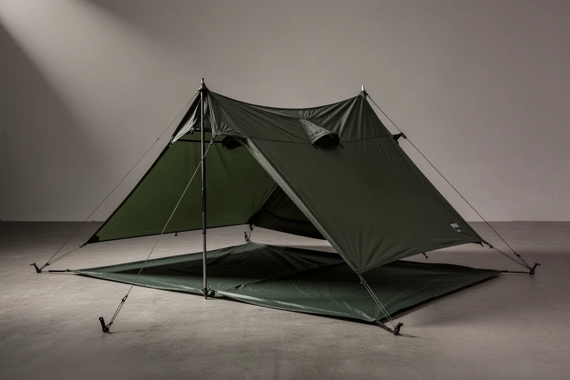 Dark green trekking pole camping shelter with centre pole pitched on a concrete floor