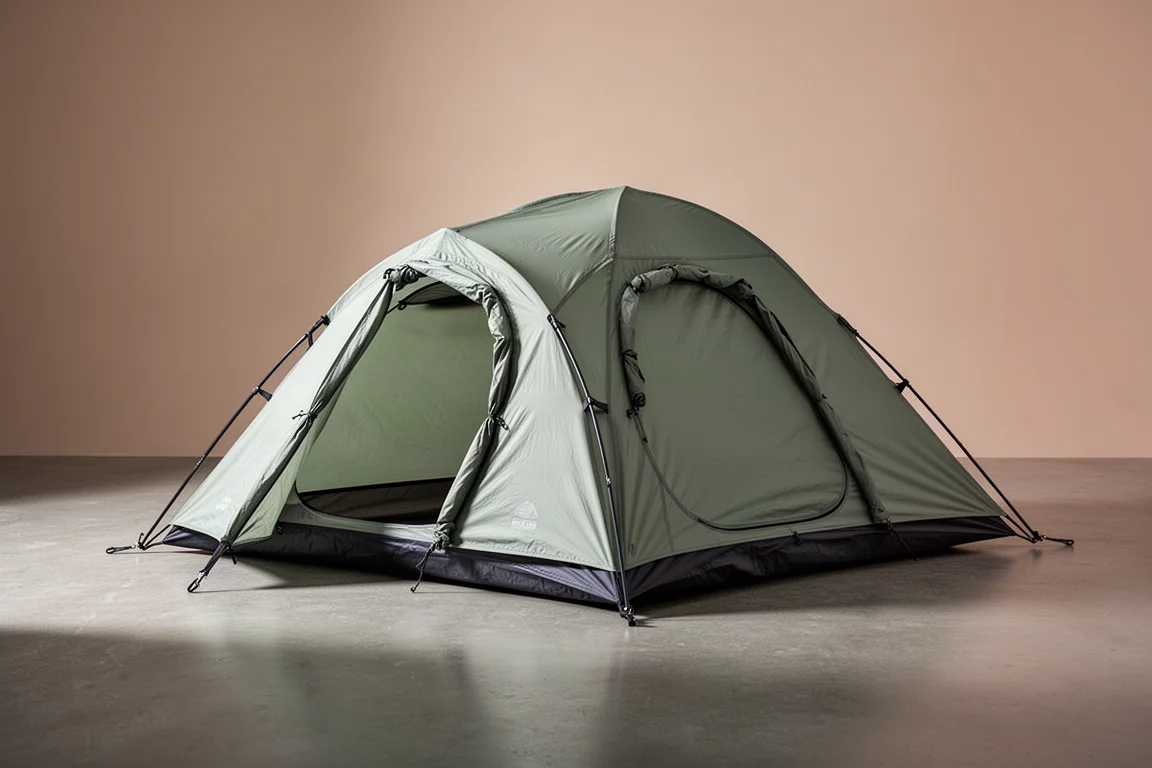 Tenda da backpacking leggera per due persone montata su una superficie di cemento neutra