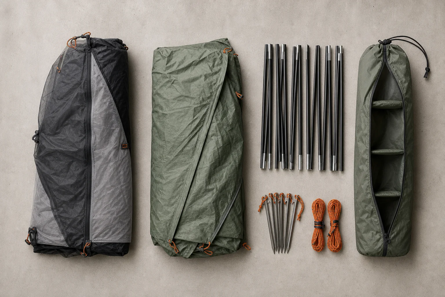 Backpacker's gear laid out showing tent components, poles, stakes, and stuff sack