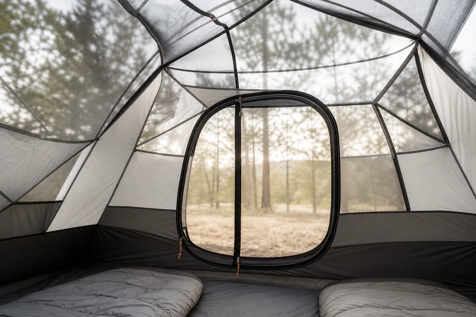 Interior view of tent showing mesh panels and ventilation design
