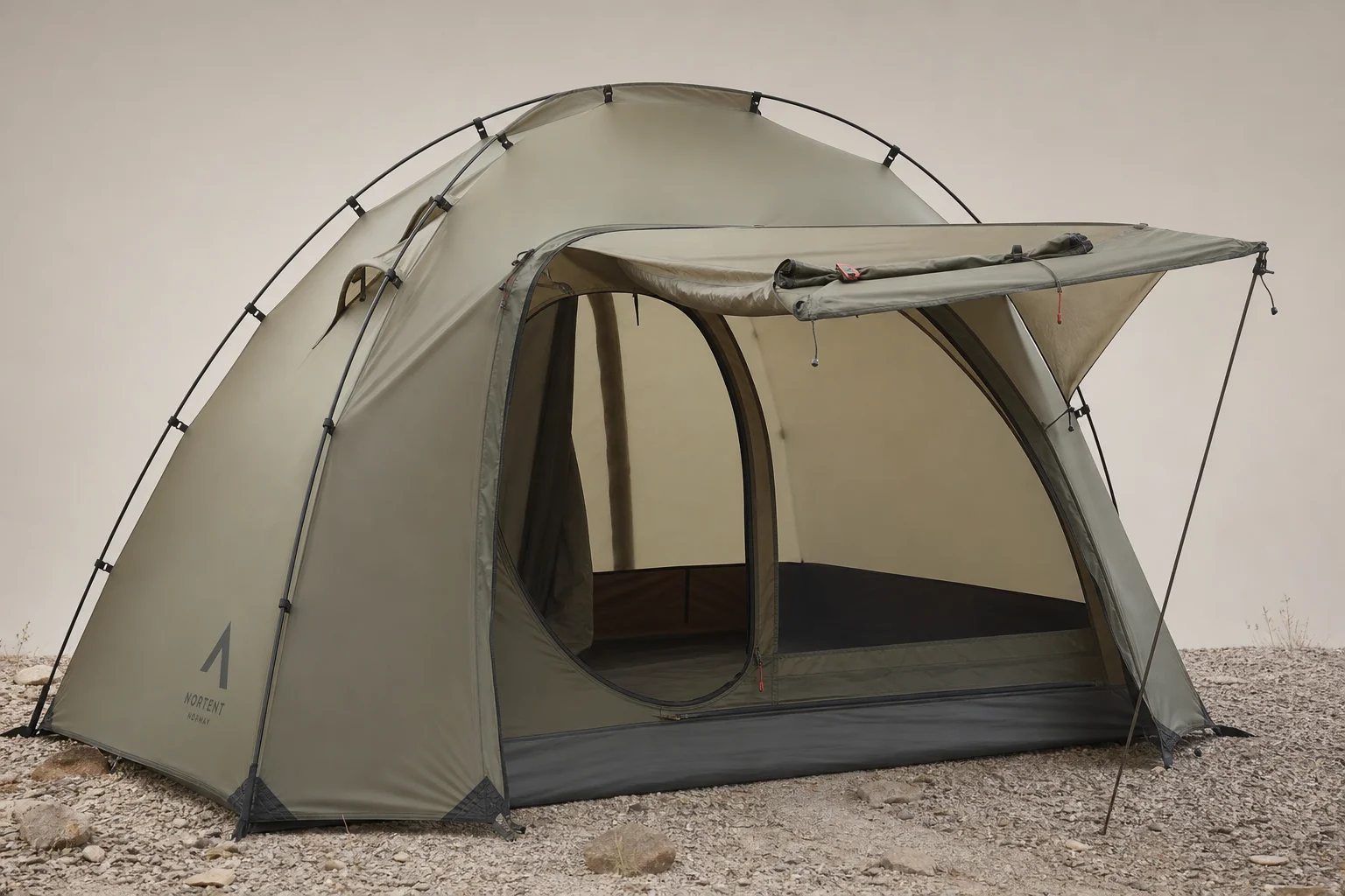 Tent fly rolled up showing innovative ventilation feature and awning setup