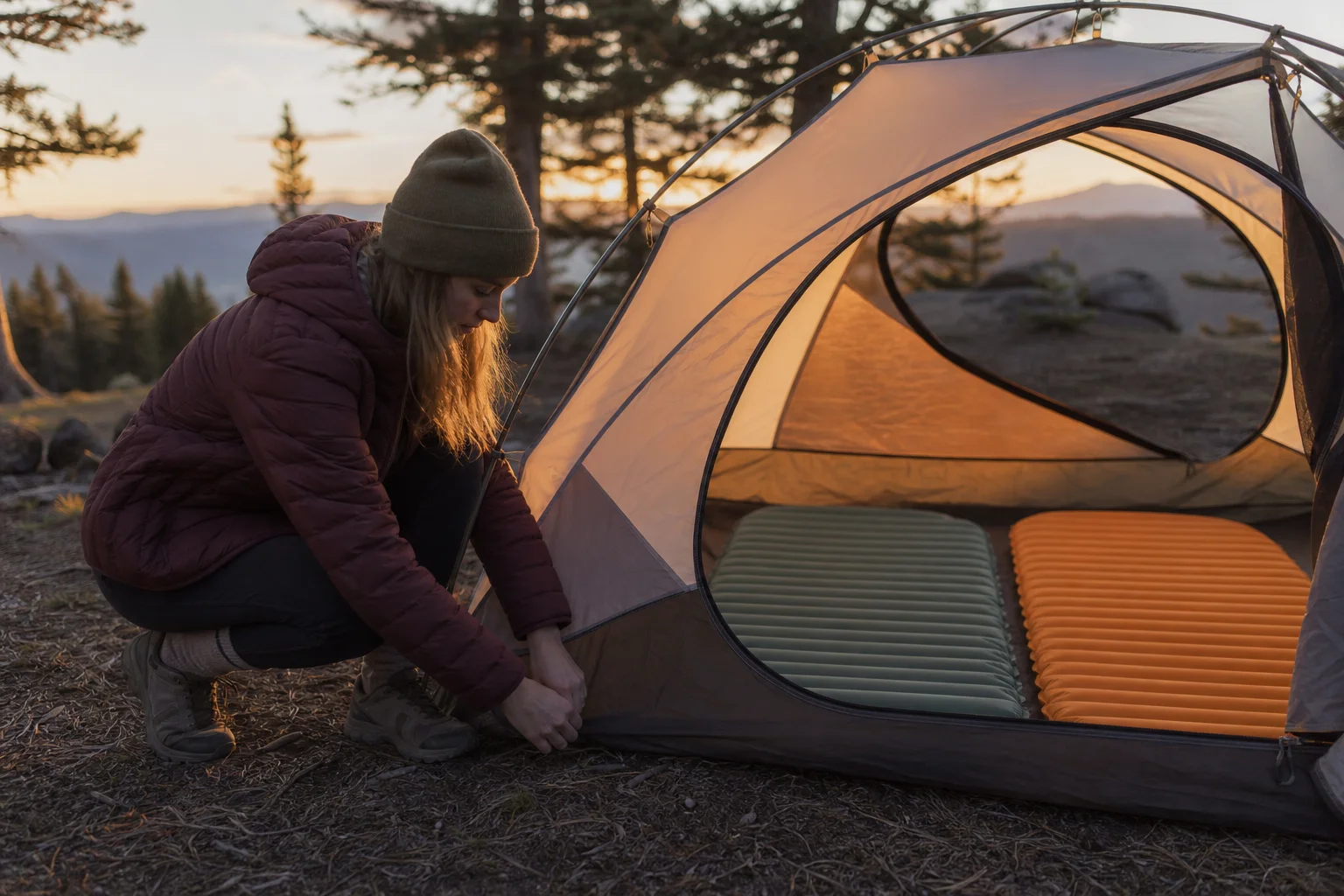 Backpacker setting up tent in evening light with sleeping pads visible inside