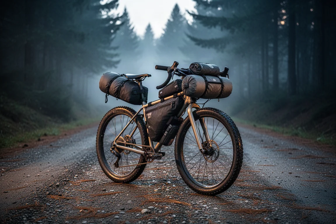 Loaded bikepacking bike on a gravel forest road at dawn with three small tent stuff sacks strapped to the frame