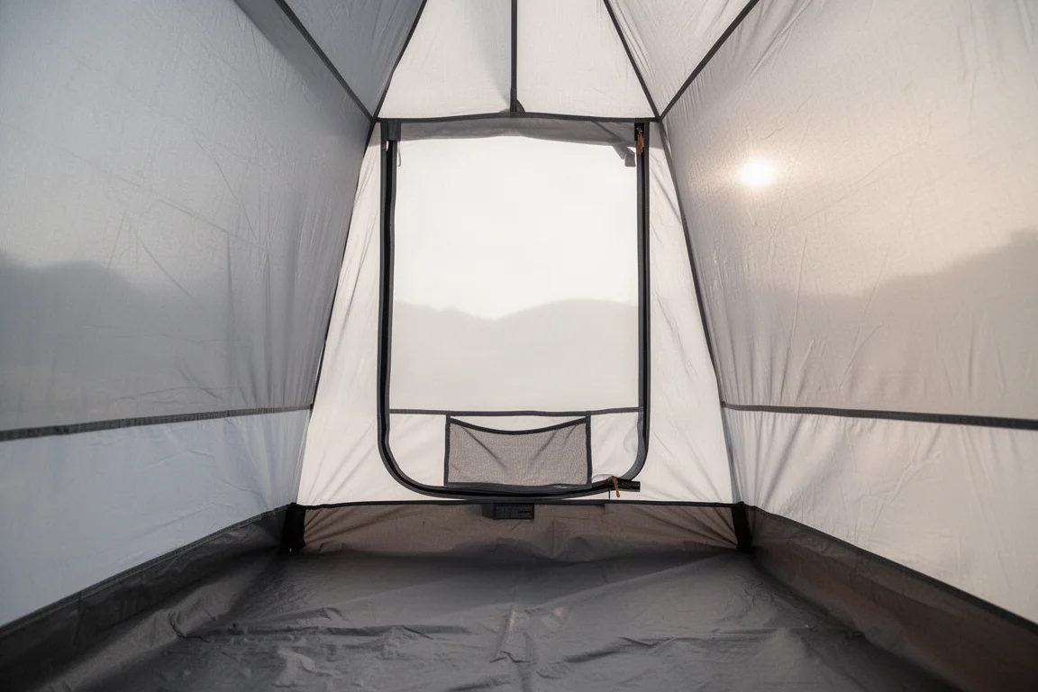 Interior view of a lightweight two-person tent with large mesh side panels and two open doors