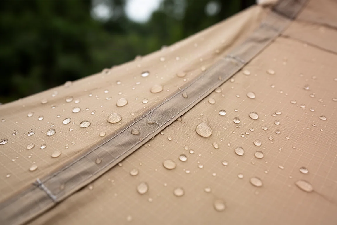 Close-up of rain beading on silicone-treated ripstop tent fabric stretched taut