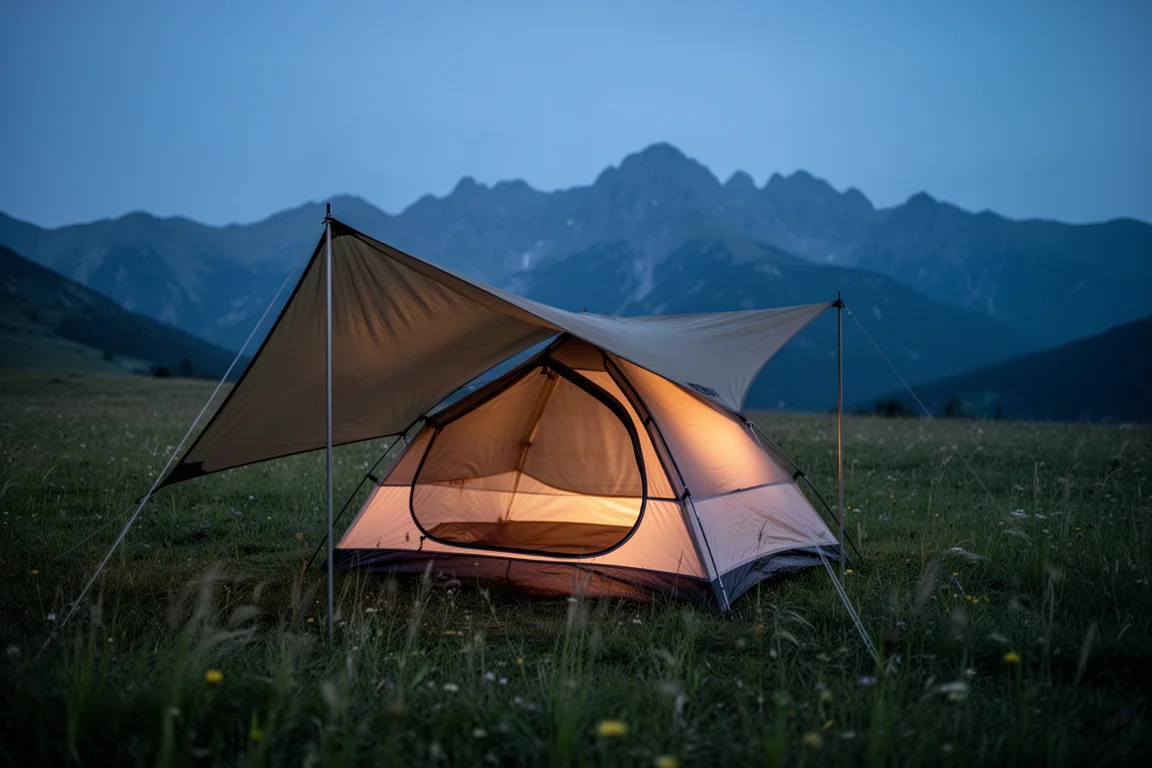 Two-person tent pitched in an alpine meadow at dusk with one awning propped open