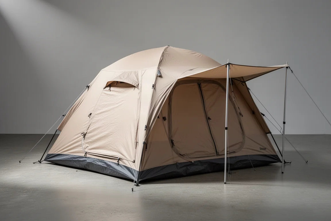 Beige ultralight two-person tent pitched on a matte concrete surface with one awning open